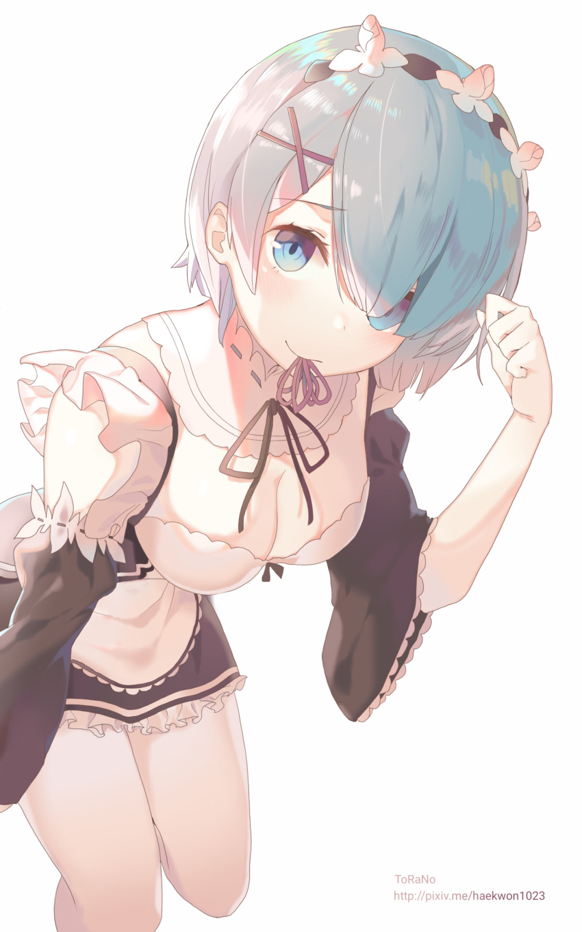1girl, absurdres, apron, bending_forward, black_dress, blue_eyes, blue_hair, breasts