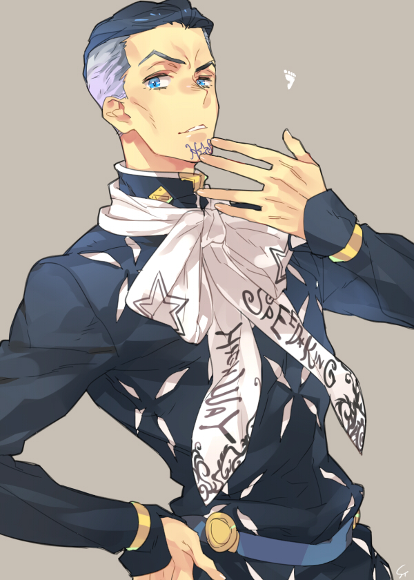 1boy, black_hair, blue_eyes, facial_hair, footprints, fungami_yuuya, hand_on_hip, jojo_no_kimyou_na_bouken