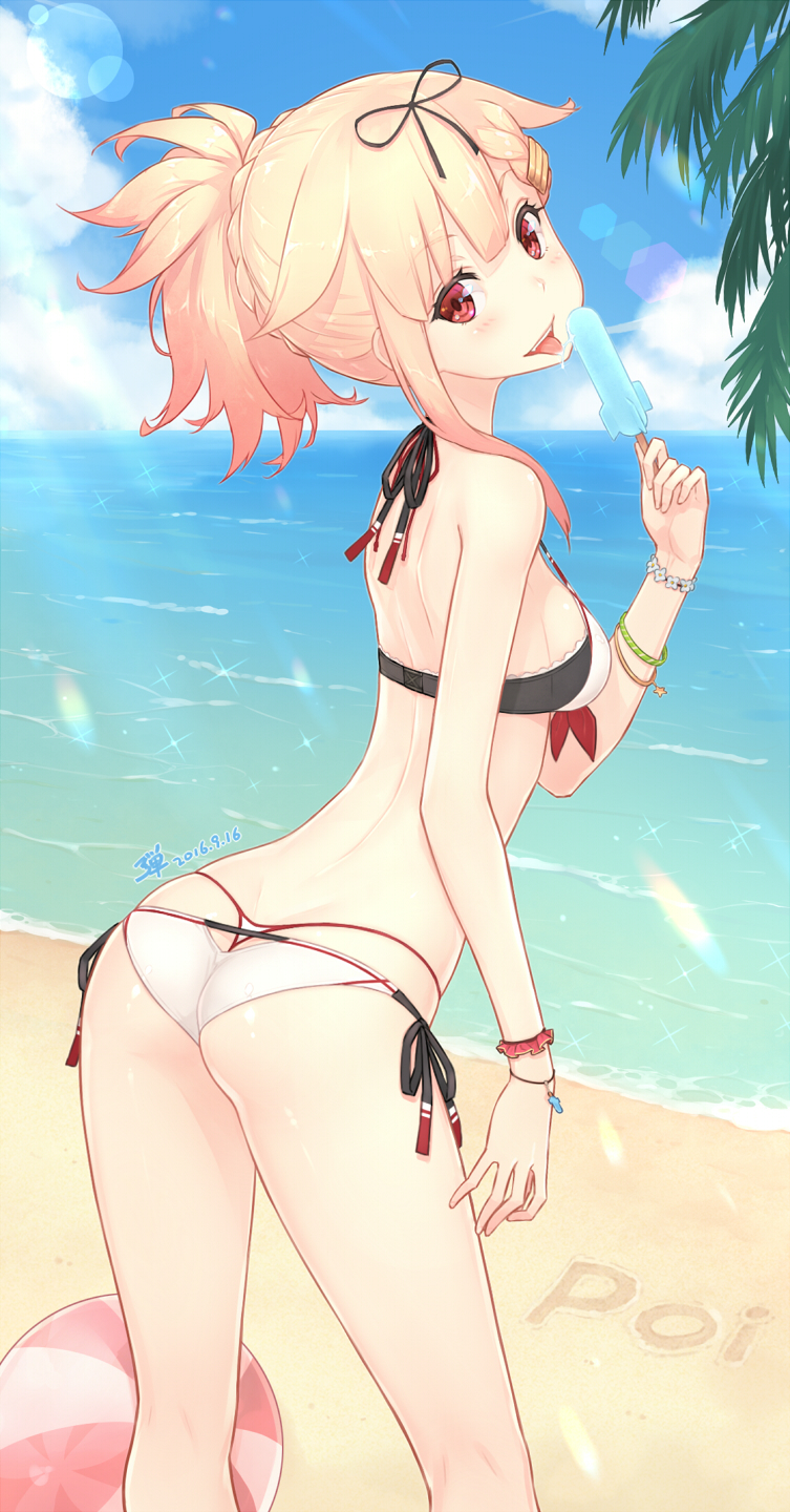 1girl, 2016, adam700403, ass, ass_cutout, back, bangs, beach