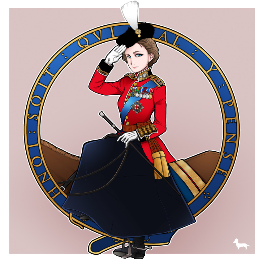 1girl, blue_eyes, boots, british, brown_hair, dog, elizabeth_ii, england, gloves, hat, highres, horse, horseback_riding, inset, looking_at_viewer, medal, military, military_uniform, queen, real_life, revision, riding, riding_crop, salute, silhouette, solo, spurs, toge_inu, uniform, united_kingdom