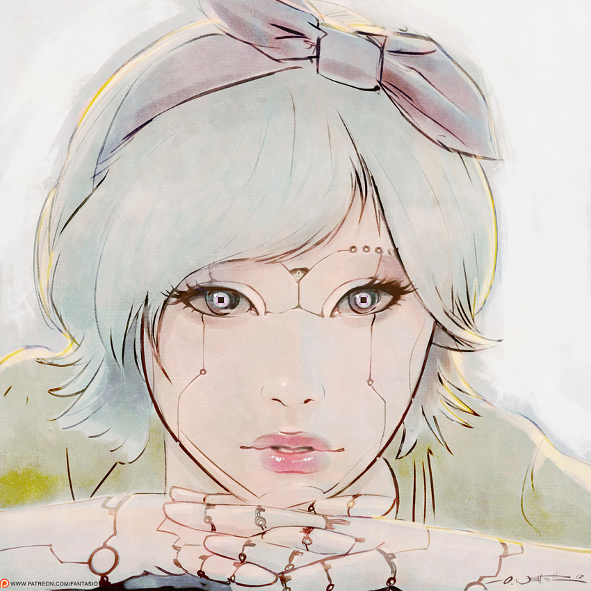 1girl, android, bow, commentary_request, hair_bow, interlocked_fingers, lips, looking_at_viewer