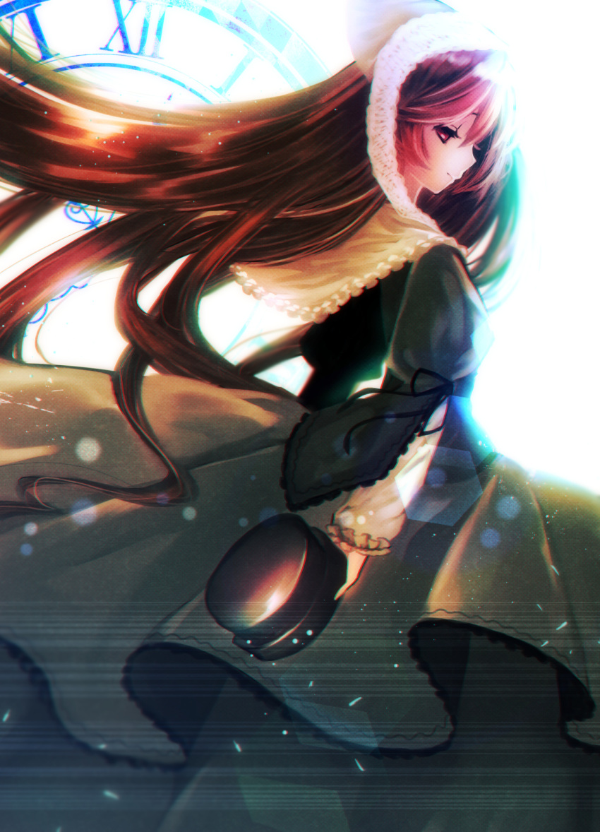1girl, black_hat, brown_hair, chromatic_aberration, clock, closed_mouth, doll, dress