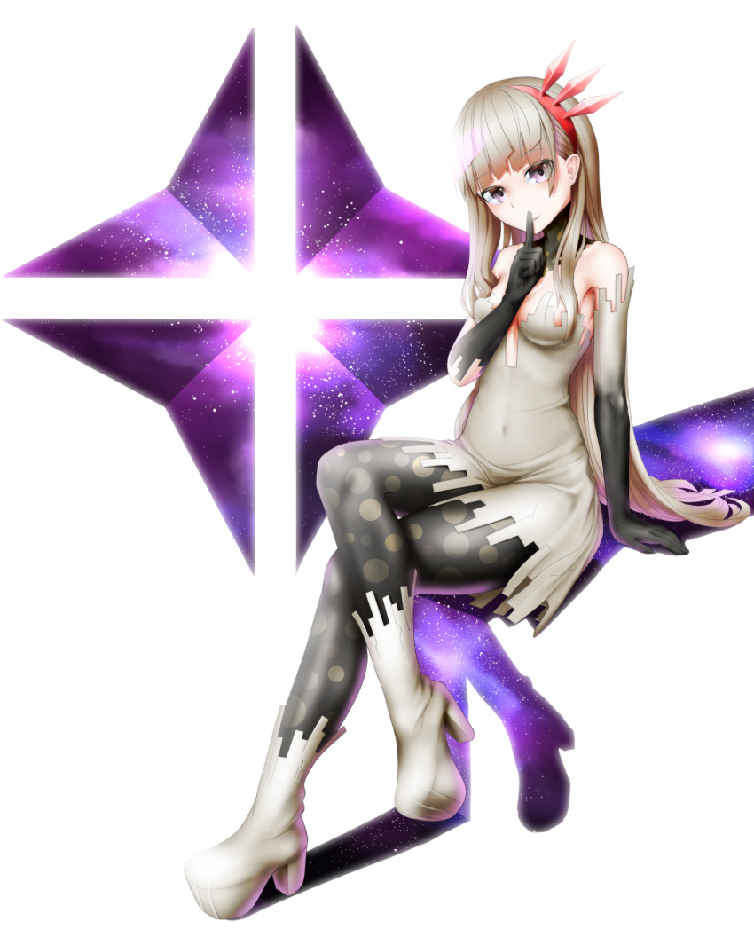 1girl, black_legwear, breasts, brown_hair, closed_mouth, dress, elbow_gloves, eyebrows_visible_through_hair