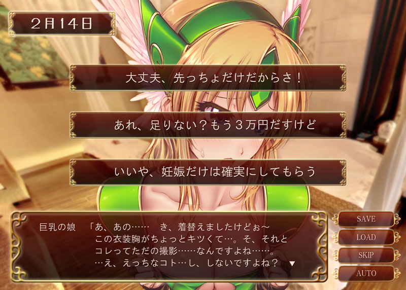 144_(riesztan), 1girl, blonde_hair, blue_eyes, blush, breasts, fake_screenshot, gloves