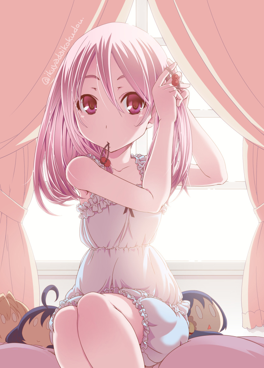 1girl, adjusting_hair, akebono_(kantai_collection), bed, bed_sheet, bloomers, bow, breasts