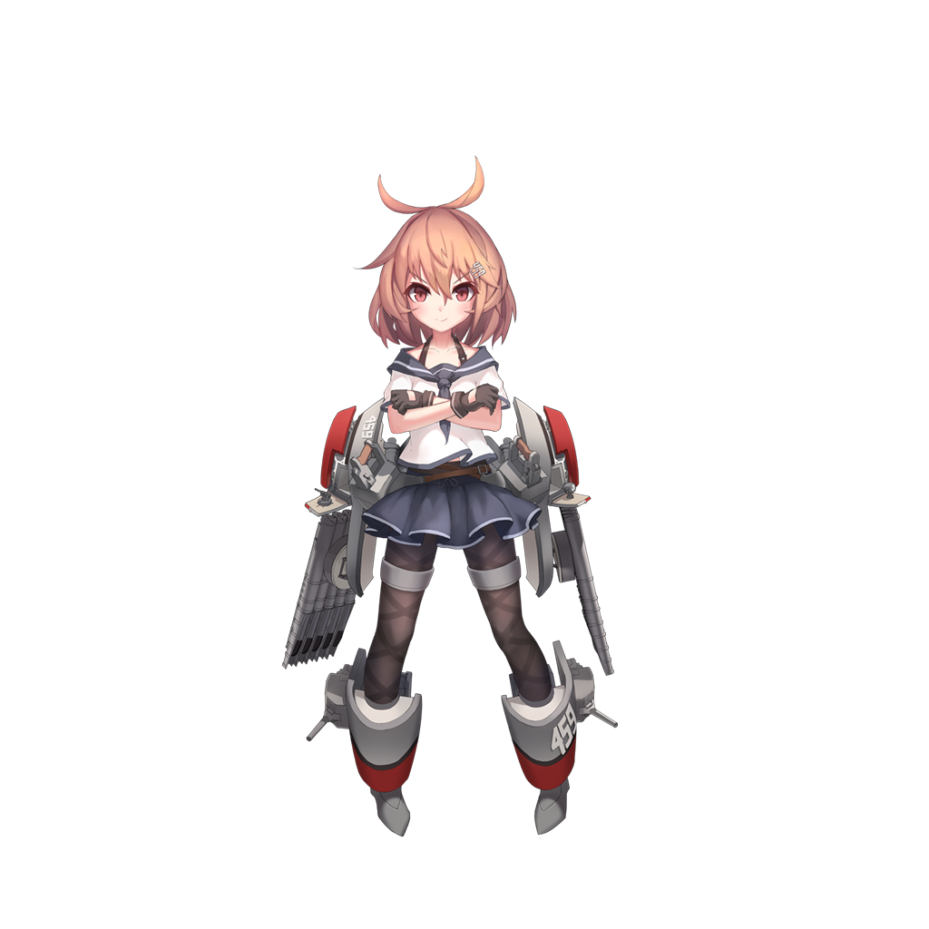 >:), 1girl, ahoge, belt, black_gloves, black_legwear, blue_skirt, blush, brown_hair, cannon, closed_mouth, collarbone, crossed_arms, full_body, gloves, hair_between_eyes, hair_ornament, hairclip, laffey_(benson)_(zhan_jian_shao_nyu), legs_apart, looking_at_viewer, machinery, official_art, pantyhose, pigeon-toed, pleated_skirt, red_eyes, sailor_collar, sailor_shirt, shirt, short_sleeves, skirt, smile, solo, standing, thigh_strap, torpedo, transparent_background, turret, wave505, white_shirt, zhan_jian_shao_nyu