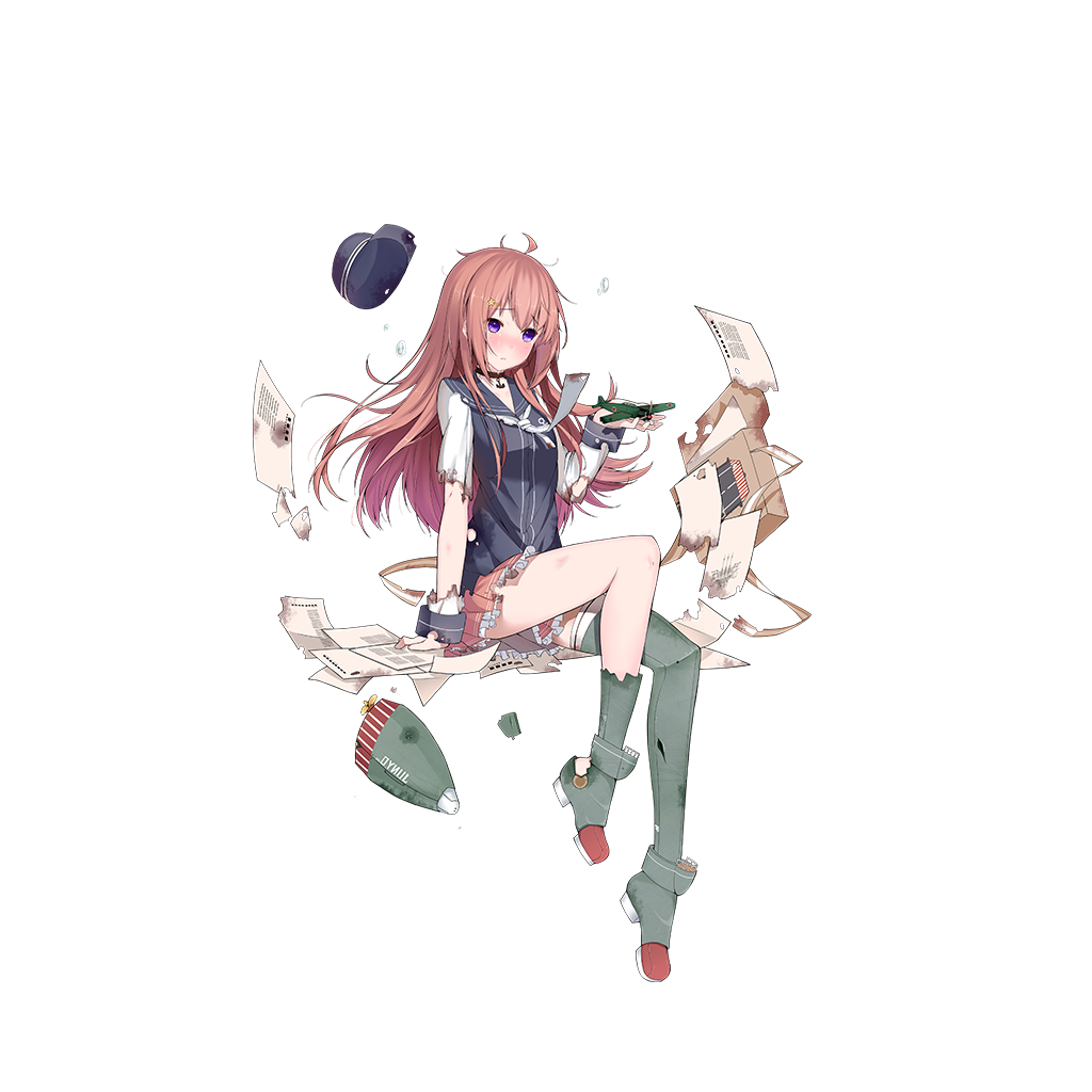 1girl, ahoge, aircraft, anchor_choker, arm_support, bag, blue_hat, blue_vest, blush, boots, broken, bubble, character_name, choker, closed_mouth, damaged, flight_deck, floating, full_body, green_legwear, hair_down, hair_ornament, hairclip, hat, hat_removed, headwear_removed, jun'you_(zhan_jian_shao_nyu), long_hair, long_sleeves, looking_at_viewer, machinery, messenger_bag, messy_hair, official_art, paper, pink_hair, pink_skirt, pleated_skirt, remodel_(zhan_jian_shao_nyu), sailor_collar, shi-chen, shirt, shoulder_bag, sitting, skirt, solo, thigh-highs, thigh_boots, torn_clothes, transparent_background, vest, violet_eyes, white_legwear, white_shirt, zhan_jian_shao_nyu