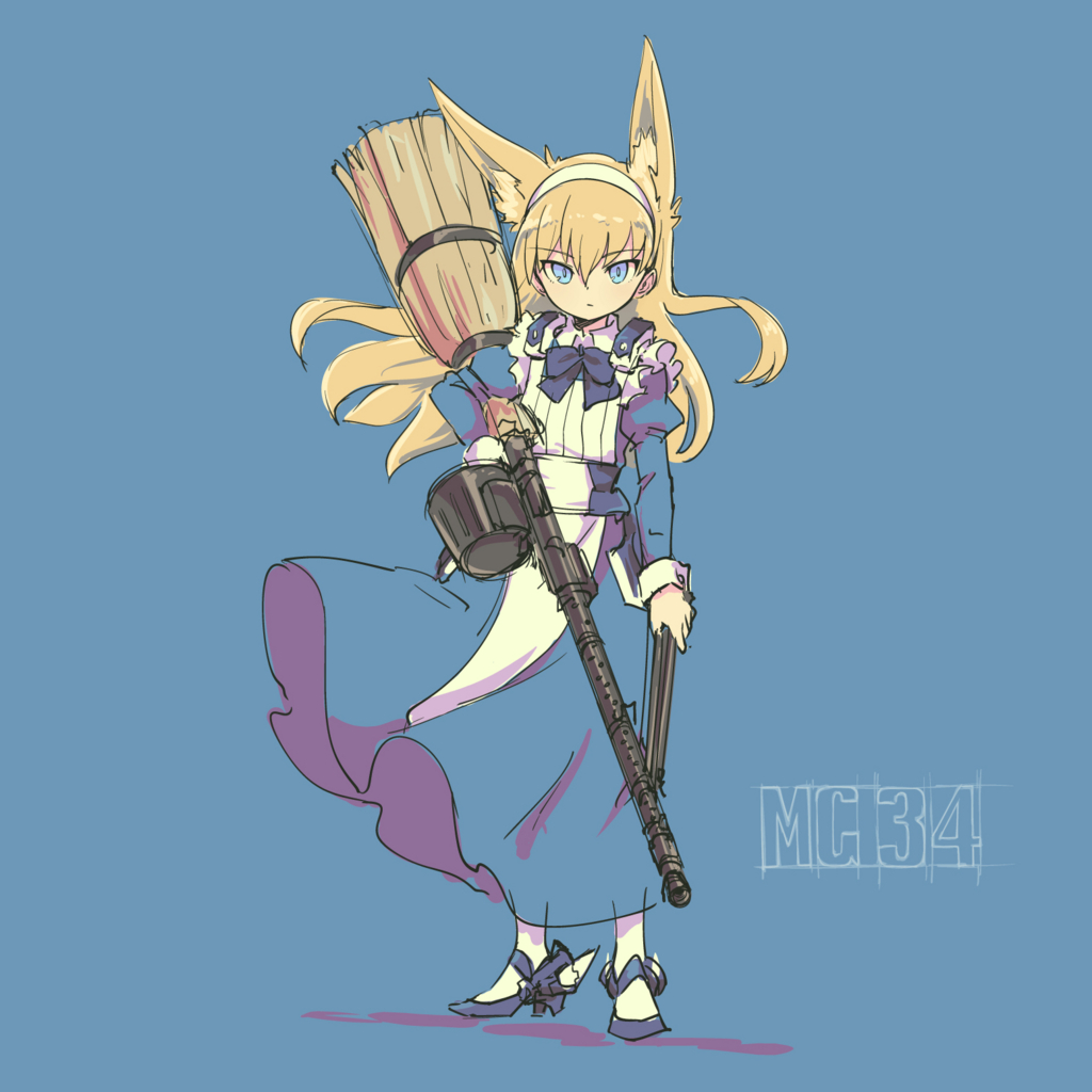 1girl, animal_ears, apron, blue_background, blue_eyes, blue_shoes, broom, flat_chest, fox_ears, full_body, gun, hairband, machine_gun, maid, maid_apron, mg34, original, pas_(paxiti), shoes, solo, tsurime, weapon, white_legwear