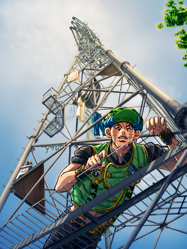 1boy, blue_hair, blue_sky, c-7_(assate), facial_mark, from_below, grin, jojo_no_kimyou_na_bouken, kanedaichi_toyohiro, lying, male_focus, on_stomach, pants, shirt, sky, smile, solo, suspenders, t-shirt, transmission_tower, tree, wristband