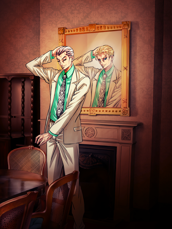 1boy, black_hair, blonde_hair, blue_eyes, c-7_(assate), chair, closed_eyes, different_reflection