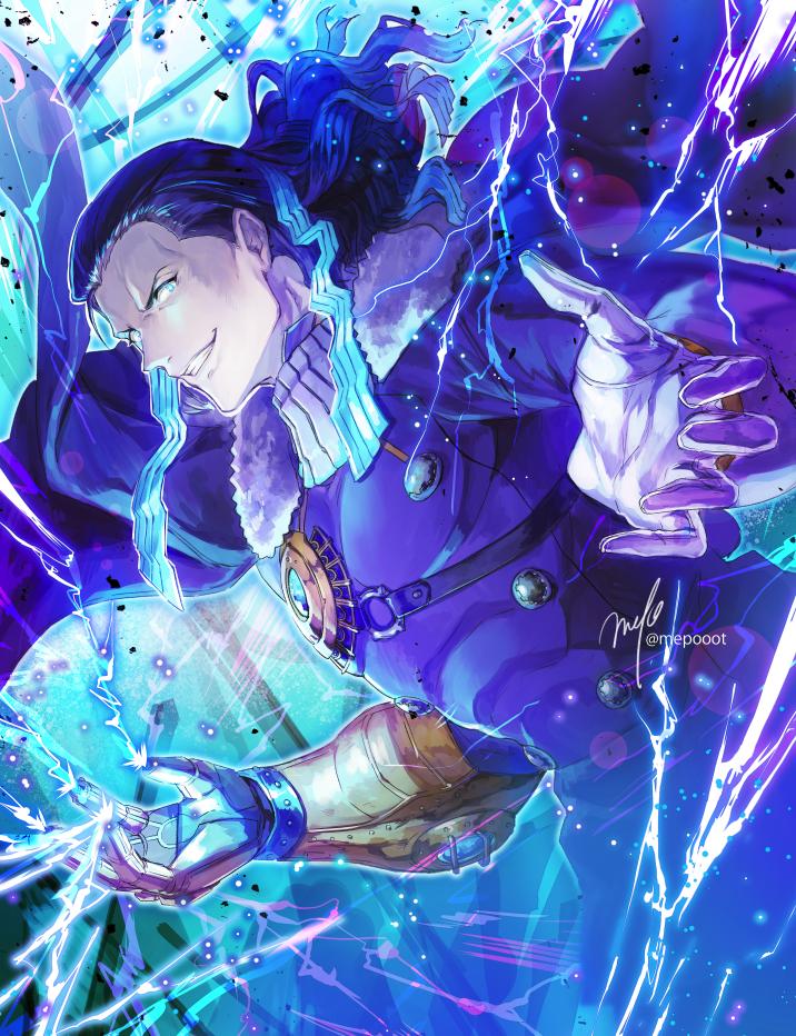 1boy, blue_eyes, electricity, fate/grand_order, fate_(series), gloves, glowing, glowing_eyes