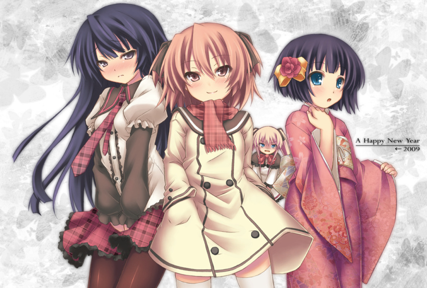 4girls, aqua_eyes, blonde_hair, blue_hair, blush, bow, brown_eyes, brown_hair