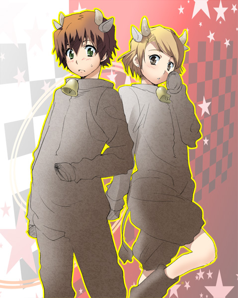 animal_ears, bell, blush, brown_hair, cow_bell, cow_costume, cow_ears, hayase_kouichi