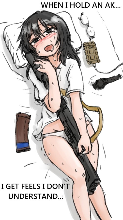 1girl, assault_rifle, black_hair, blush, clip_(weapon), dutchko, english, glasses