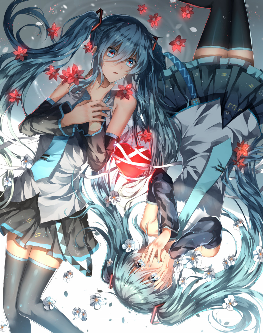 2girls, black_legwear, black_skirt, blue_eyes, blue_hair, blue_necktie, detached_sleeves, fuuna_(conclusion)