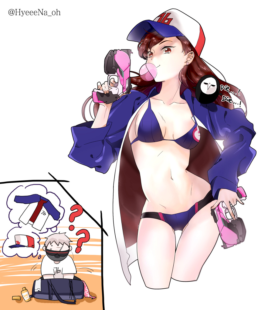 1boy, 1girl, ??, absurdres, animalization, bag, baseball_cap, bikini