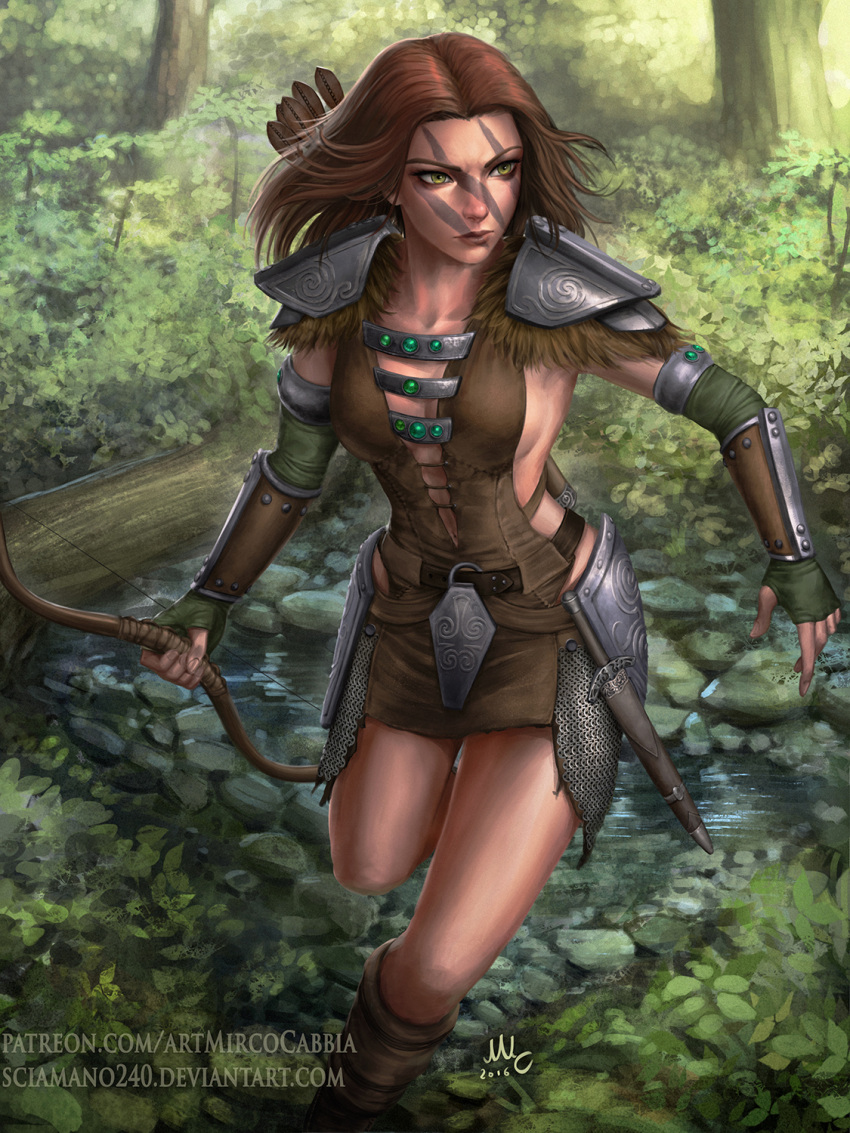 1girl, aela_the_huntress, armlet, arrow, boots, bow_(weapon), bracer, breasts