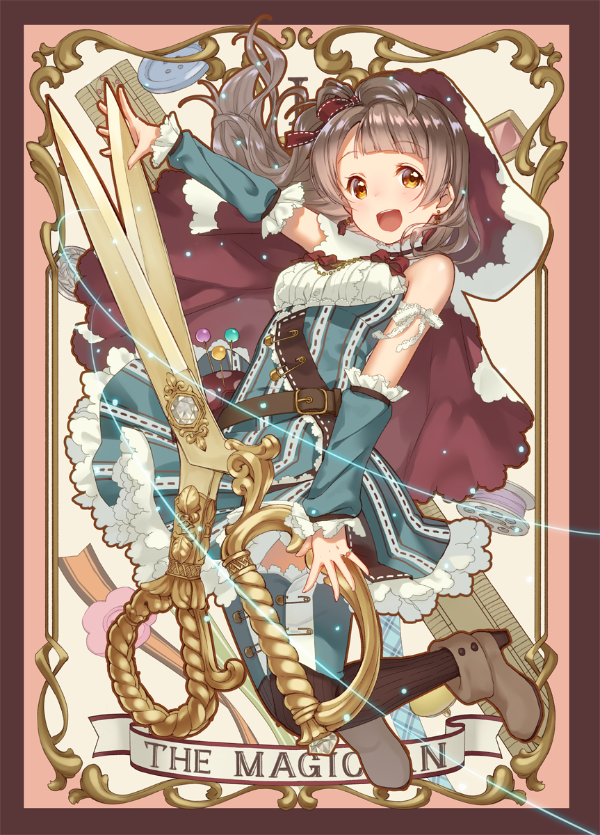 1girl, :d, belt, boots, bow, brown_eyes, buttons, cloak, commentary_request, detached_sleeves, dress, earrings, grey_hair, hair_bow, highres, jewelry, long_hair, looking_at_viewer, love_live!, love_live!_school_idol_project, minami_kotori, one_side_up, open_mouth, oversized_object, pinky_ring, red_bow, ruler, safety_pin, scissors, sewing_pins, smile, solo, tarot, the_magician, thigh-highs, thread, tomiwo