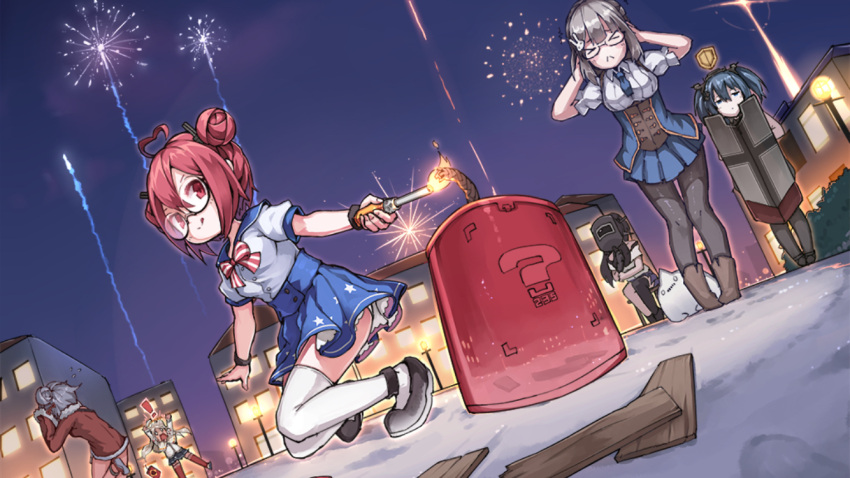 !, 6+girls, :p, ahoge, black_legwear, black_shoes, blue_eyes, blue_hair