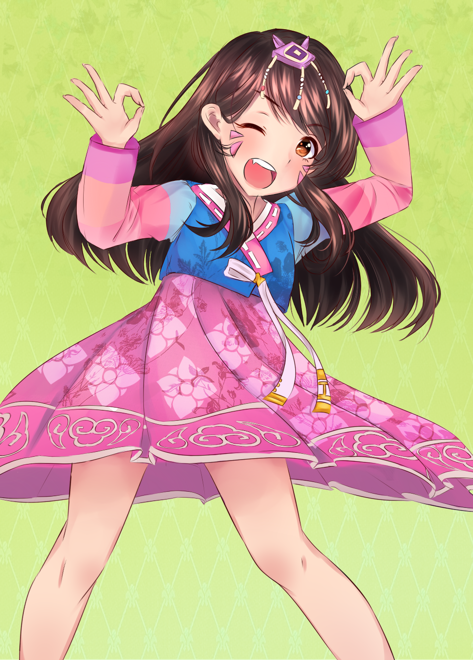 1girl, alternate_costume, argyle, argyle_background, arms_up, brown_eyes, brown_hair, cowboy_shot