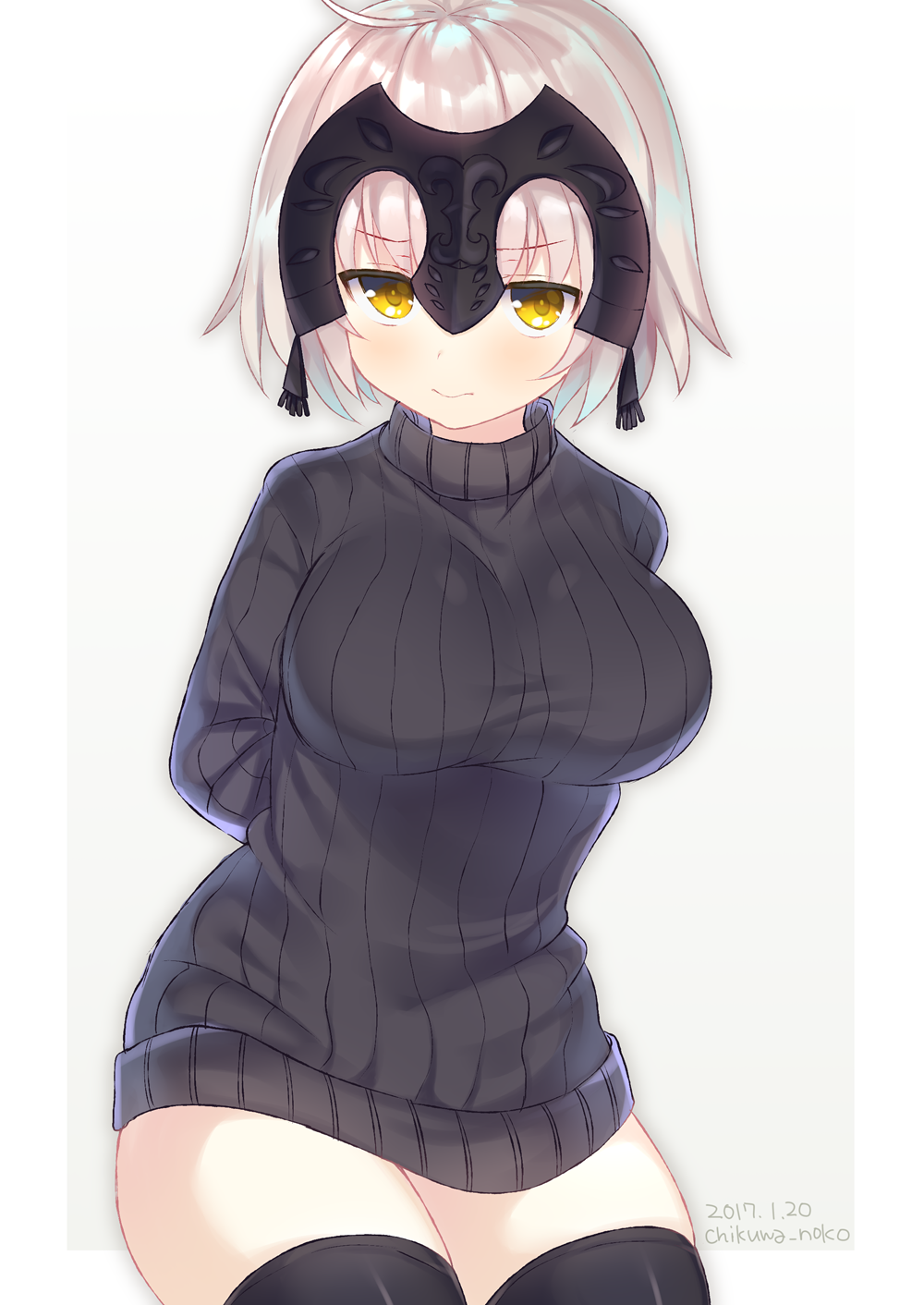 1girl, alternate_costume, arms_behind_back, black_sweater, blonde_hair, breasts, dress, fate/grand_order, fate_(series), headgear, highres, impossible_clothes, jeanne_alter, large_breasts, looking_at_viewer, narusegawa_riko, ruler_(fate/apocrypha), sweater, sweater_dress, thigh-highs, thighs, yellow_eyes