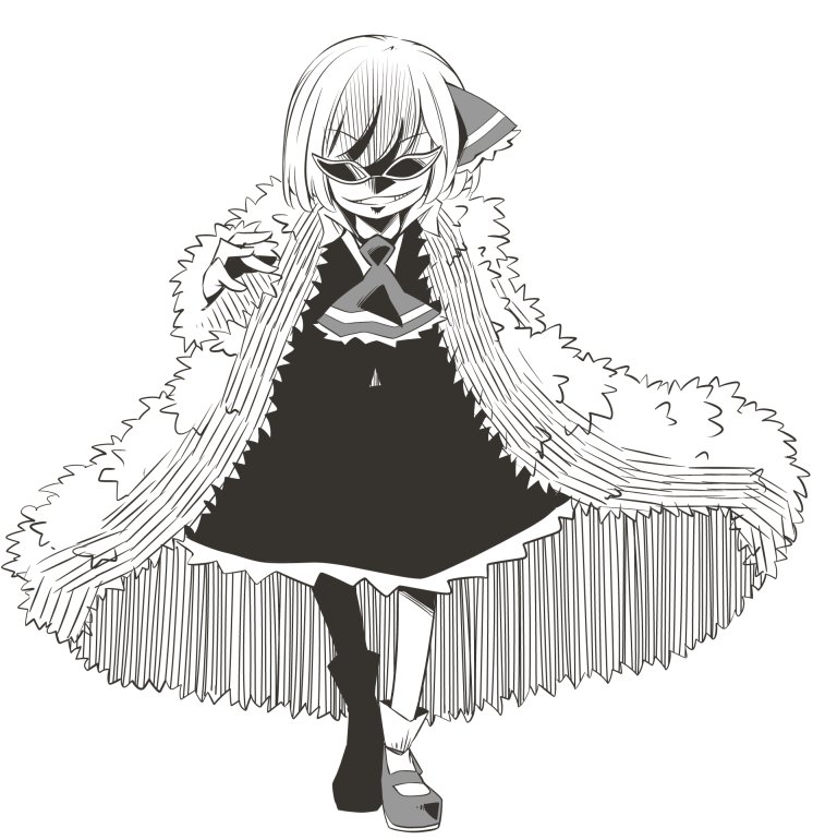 1girl, coat, cosplay, donquixote_doflamingo, donquixote_doflamingo_(cosplay), frilled_skirt, frills, full_body, grin, hair_ribbon, jagabutter, monochrome, one_piece, ribbon, rumia, short_hair, skirt, smile, sunglasses, touhou, vest