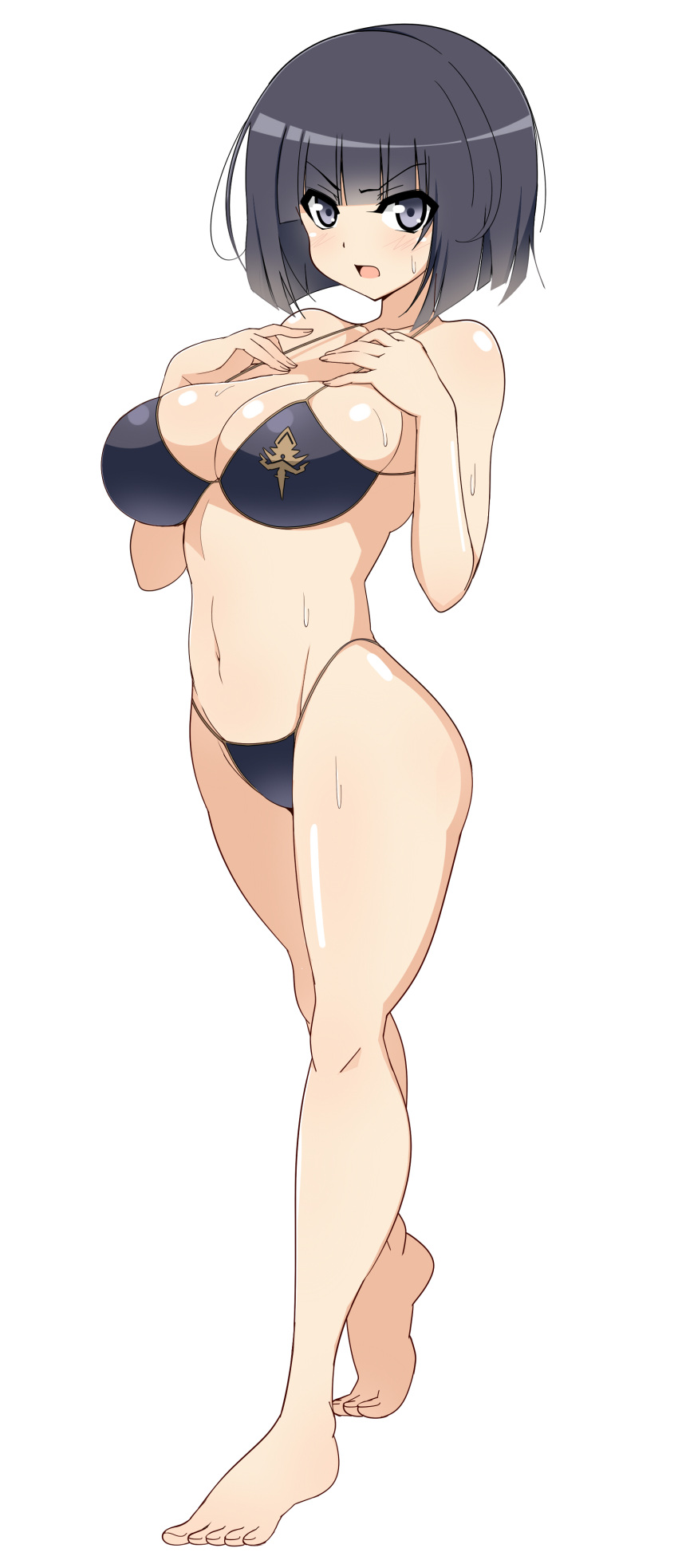 1girl, absurdres, bangs, barefoot, bikini, black_eyes, black_hair, blunt_bangs