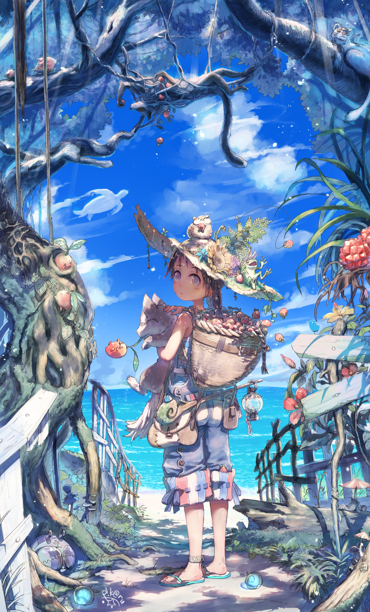 1girl, animal, animal_on_head, anklet, back, bag, bangs, bare_arms