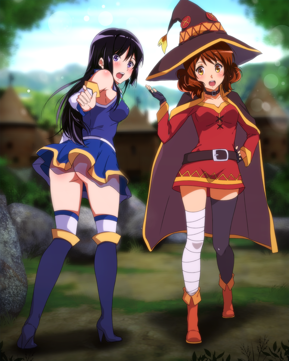 2girls, aqua_(konosuba), aqua_(konosuba)_(cosplay), ass, bandage, bare_shoulders, black_hair, blush