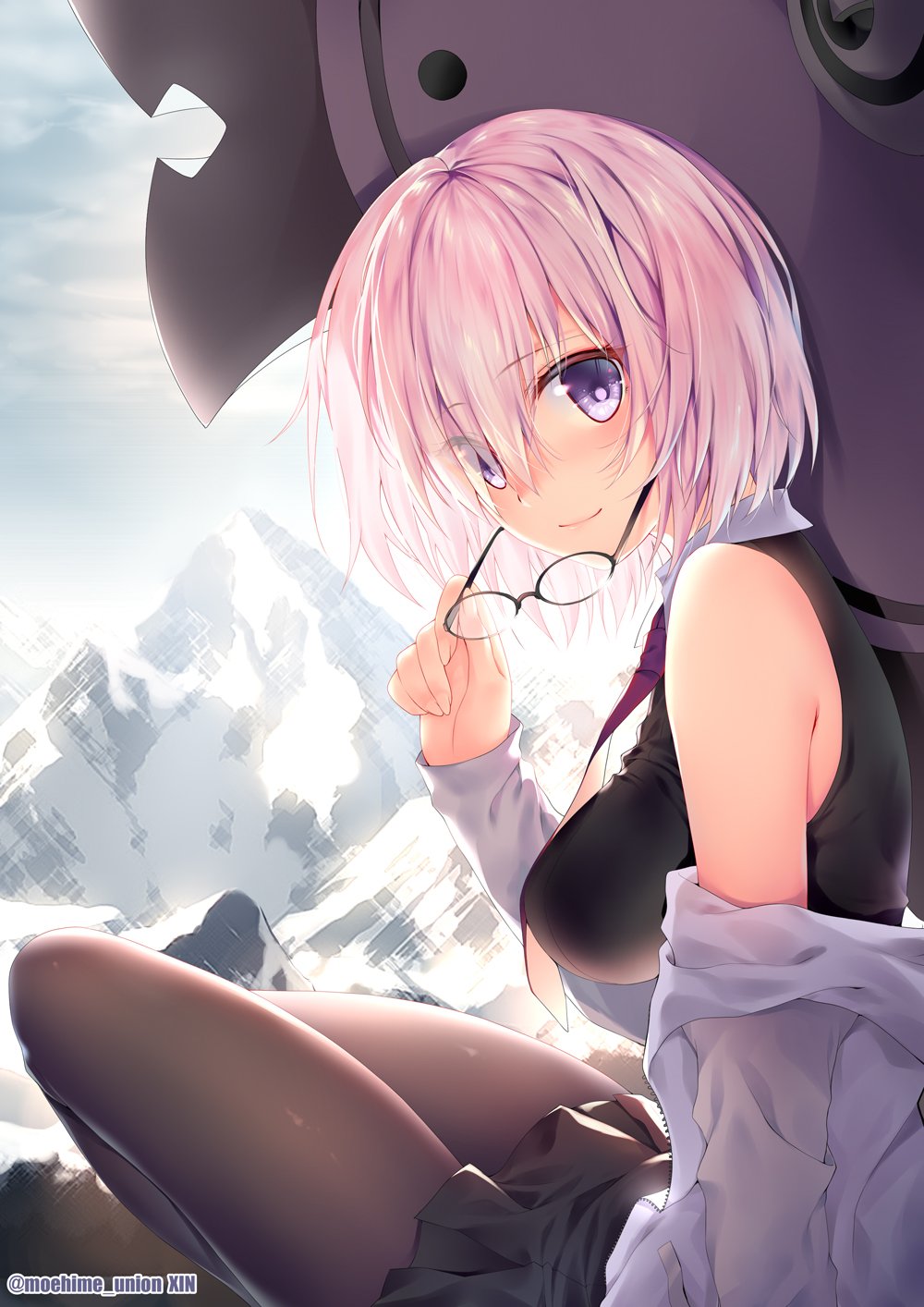 1girl, bare_shoulders, black_skirt, blush, breasts, fate/grand_order, fate_(series), from_side