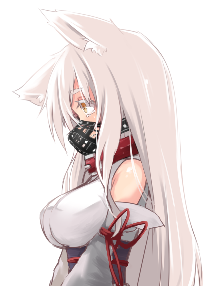 1girl, animal_ears, bare_shoulders, breasts, clenched_teeth, collar, detached_sleeves, fox_ears, japanese_clothes, kimono, large_breasts, long_hair, looking_to_the_side, muzzle, orange_eyes, original, sakura_inu, simple_background, solo, tears, teeth, white_background, white_hair
