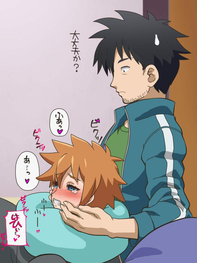 1boy, 1girl, awa, black_hair, blue_eyes, blush, brown_hair, clenched_teeth