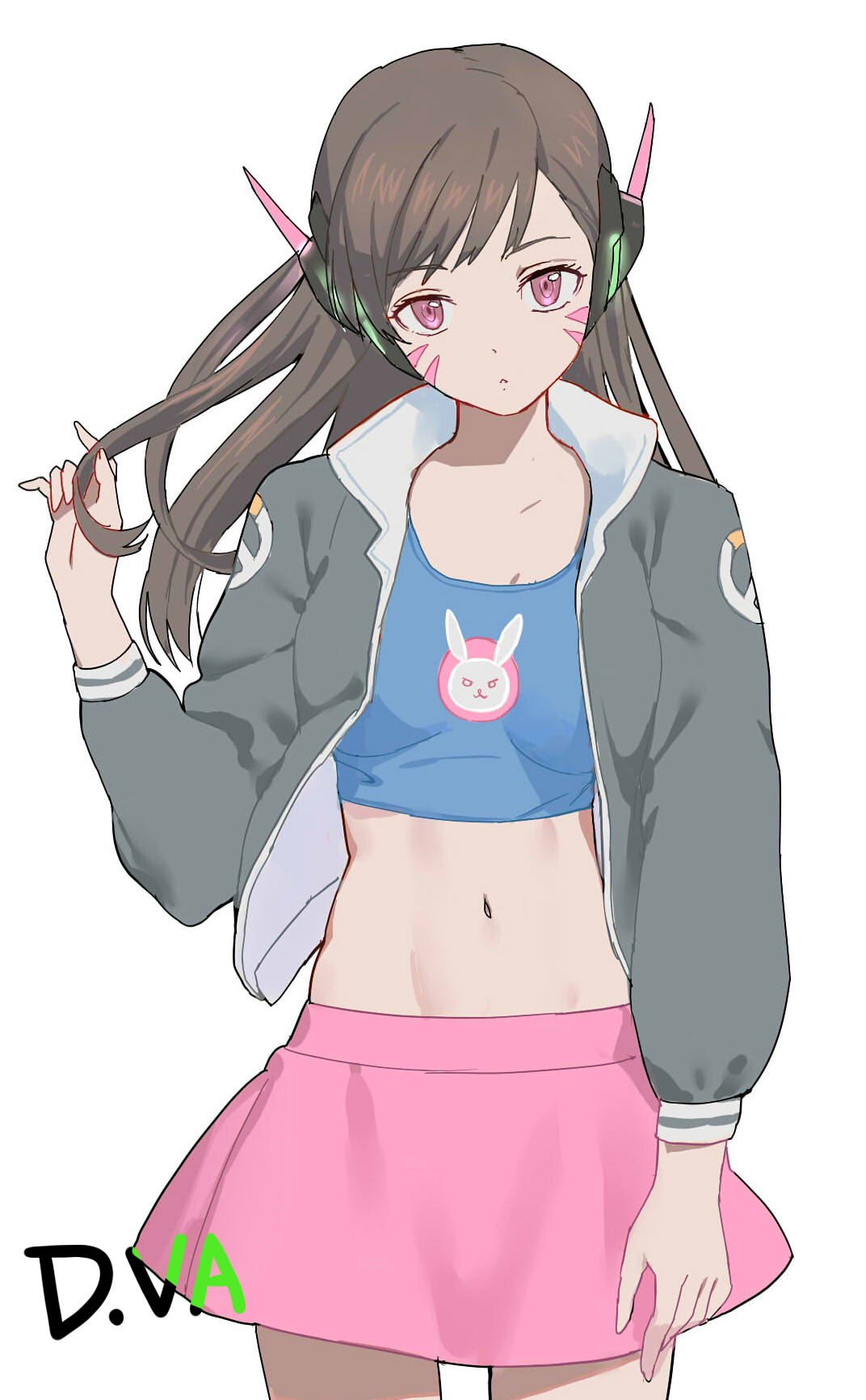 1girl, :<, alternate_eye_color, animal_print, arm_at_side, blue_shirt, breasts, brown_hair