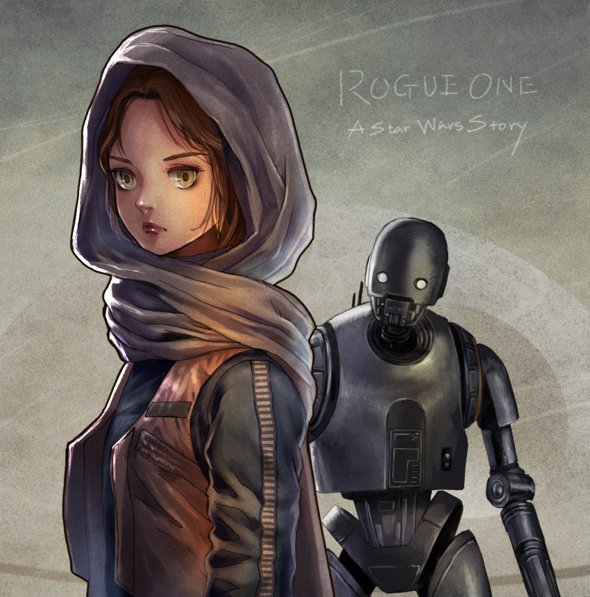 1girl, highres, hood, jacket, jyn_erso, k-2so, kuroimori, looking_at_viewer