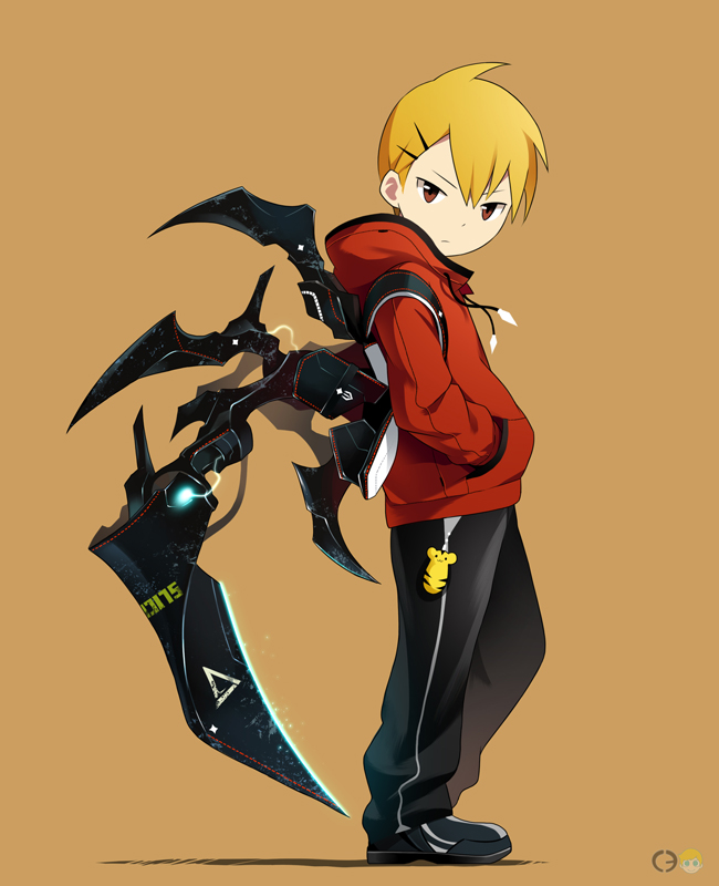 1boy, blonde_hair, brown_eyes, full_body, hood, hoodie, light_frown, looking_at_viewer