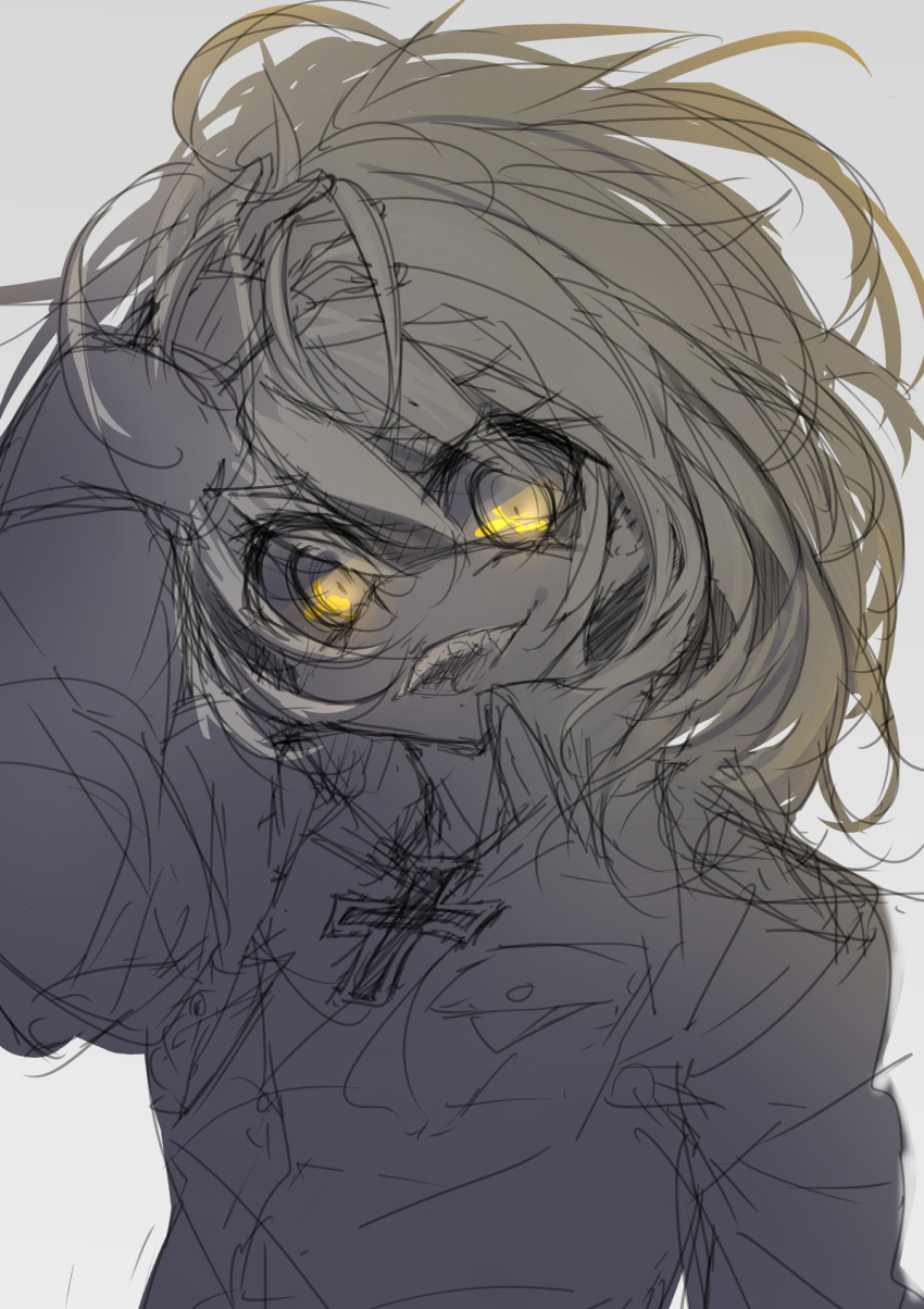 1girl, cross, denpaken_pochi, glowing, glowing_eyes, grey_background, hand_in_hair, highres