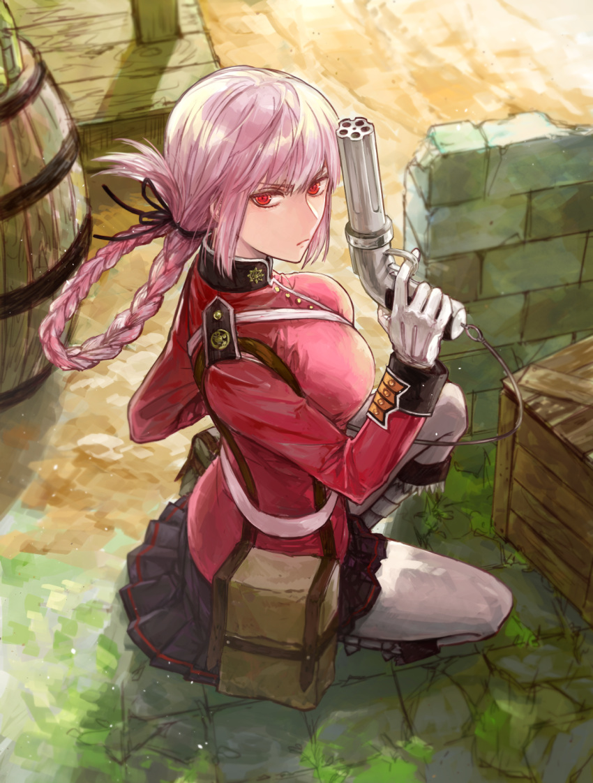 1girl, barrel, braid, crate, fate/grand_order, fate_(series), florence_nightingale_(fate/grand_order), gun