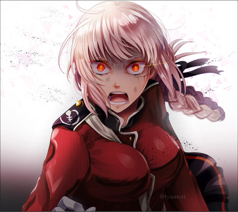 1girl, angry, between_breasts, black_skirt, braid, breasts, chamochi, cuts, fate/grand_order, fate_(series), florence_nightingale_(fate/grand_order), gloves, injury, large_breasts, messy_hair, open_mouth, pink_hair, red_eyes, skirt, solo, teeth, tongue, twitter_username, uniform