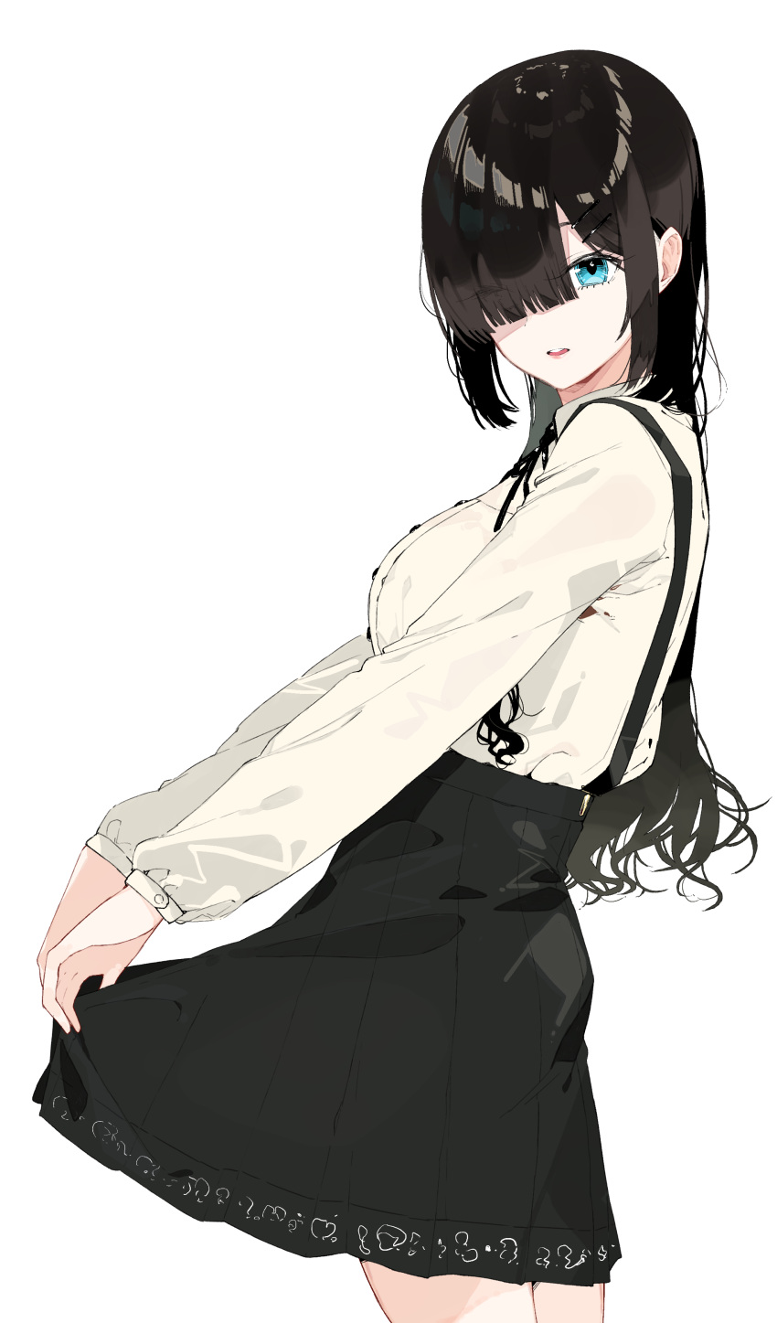1girl, absurdres, aqua_eyes, bangs, black_hair, black_skirt, blunt_bangs, breasts