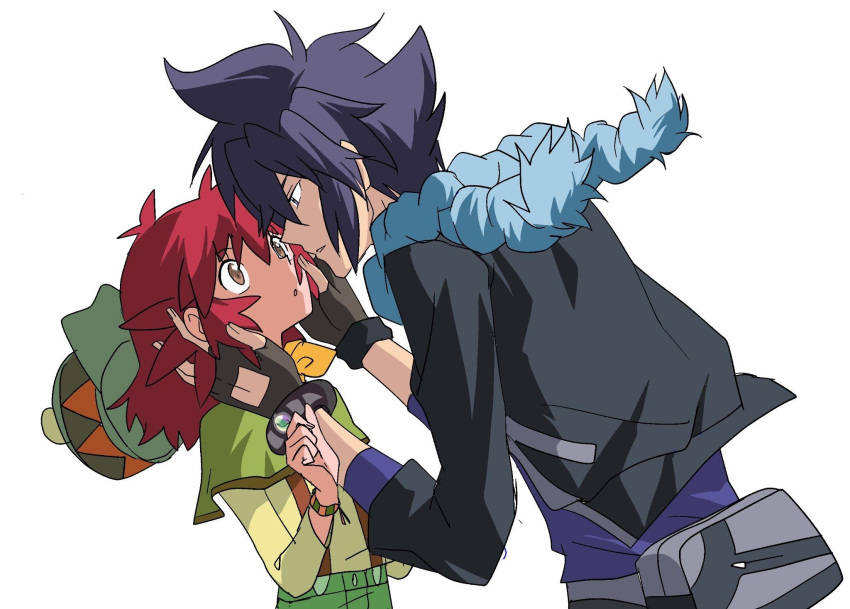 1boy, 1girl, alain_(pokemon), brown_eyes, eye_contact, hands_on_another's_face, hat, highres