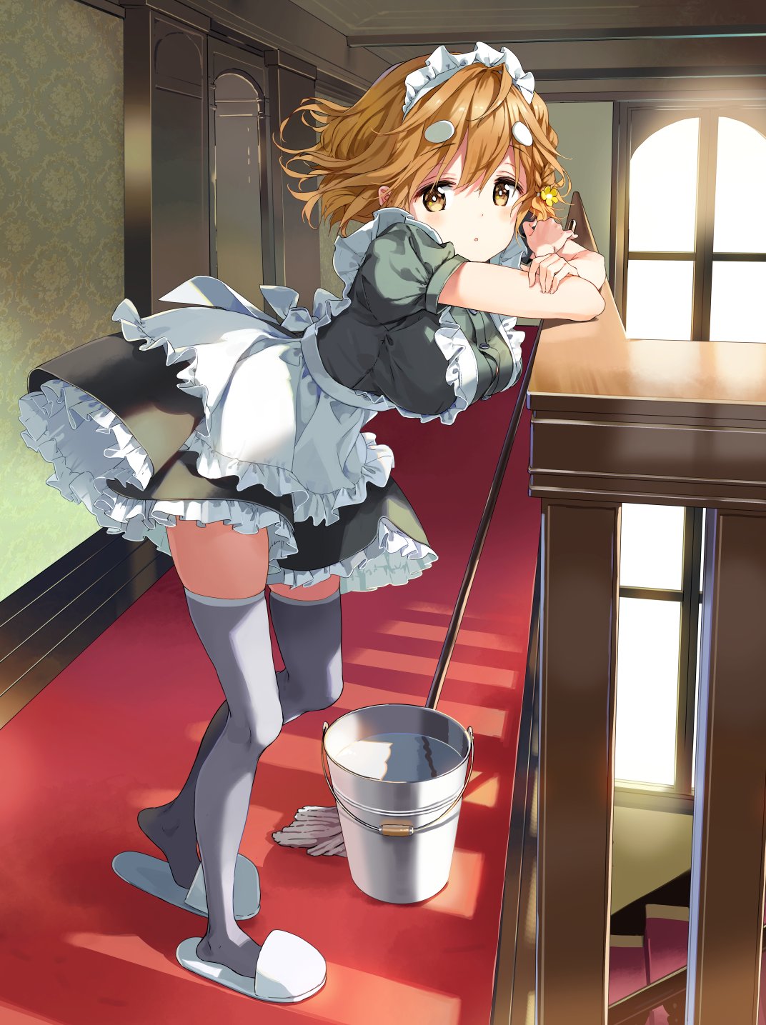 1girl, black_legwear, braid, breasts, brown_eyes, brown_hair, bucket, bucket_of_water, flower, hair_flower, hair_ornament, hairclip, highres, koiwai_yoshino, maid, maid_headdress, masamune-kun_no_revenge, mop, official_art, pleated_skirt, short_hair, side_braid, sitting, skirt, slippers, solo, thigh-highs, tiv