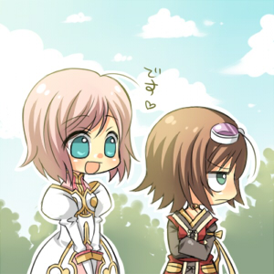 brain_hair, brown_hair, estellise_sidos_heurassein, goggles, jitome, lowres, multiple_girls, pink_hair, rita_mordio, sonomama, tales_of_(series), tales_of_vesperia