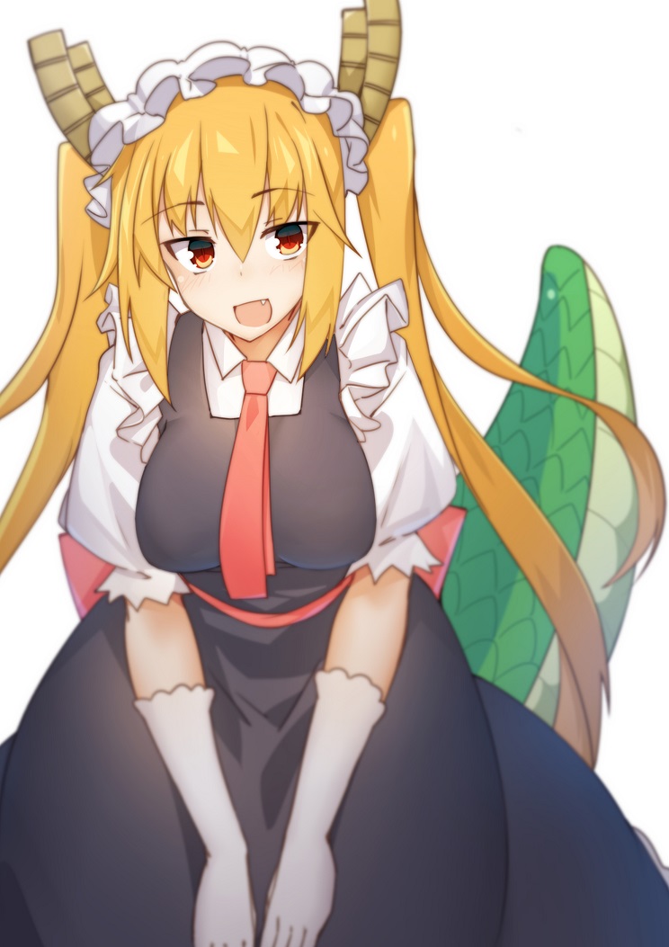 1girl, blonde_hair, blurry, breasts, depth_of_field, dragon_girl, dragon_tail, fang