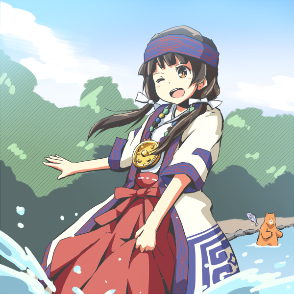 1girl, amayadori_machi, bangs, bear, black_hair, blunt_bangs, brown_eyes, fish