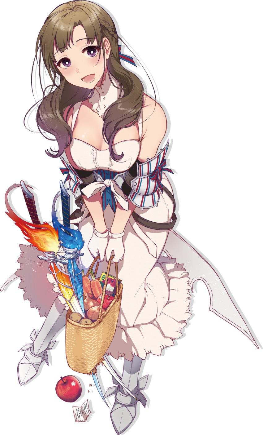 1girl, apple, braid, brown_hair, carrot, dress, food, french_braid