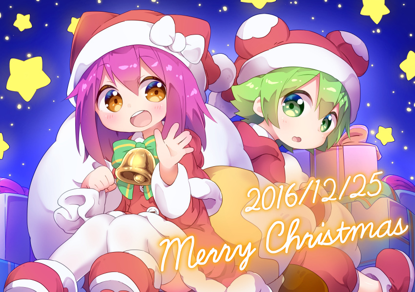 1boy, 1girl, animal_hat, botan-kun, brown_eyes, cat_hat, christmas, green_eyes, green_hair, hat, highres, merry_christmas, nipeira, original, purple_hair, raccoon_hat, sack, santa_costume, santa_hat, yuzuwa-chan