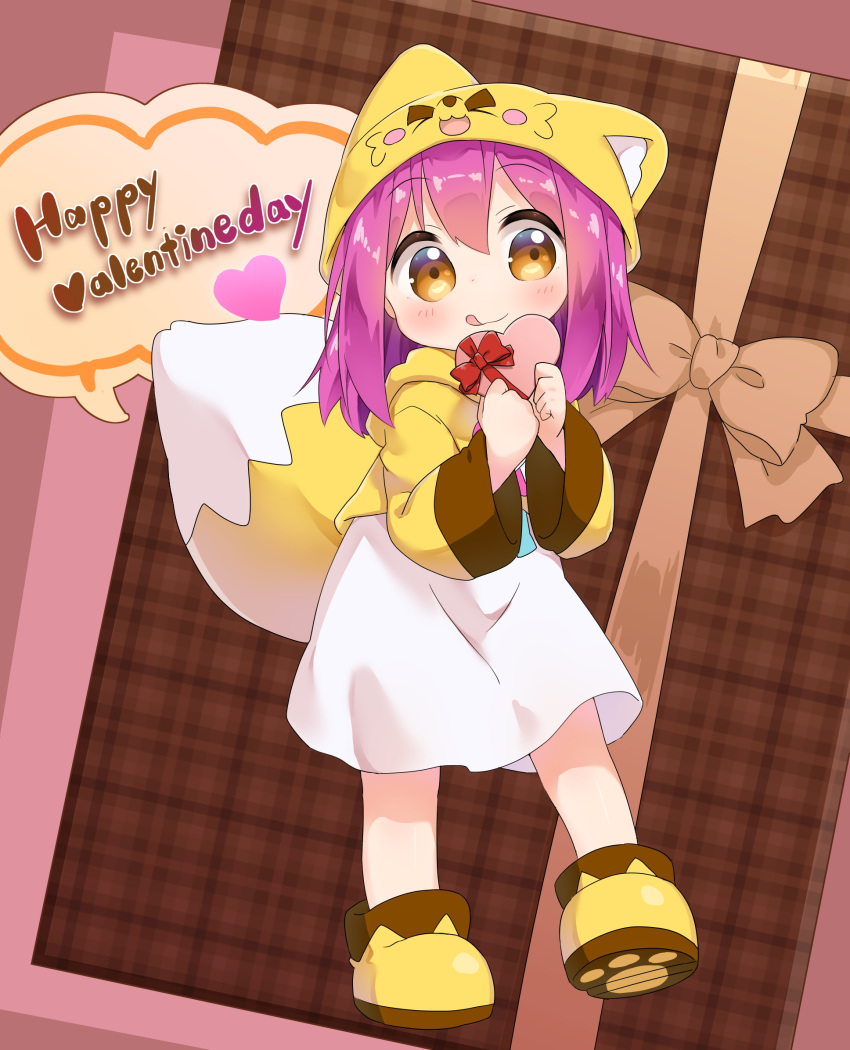 1girl, :p, blush, brown_eyes, dress, fox_hat, fox_tail, gift