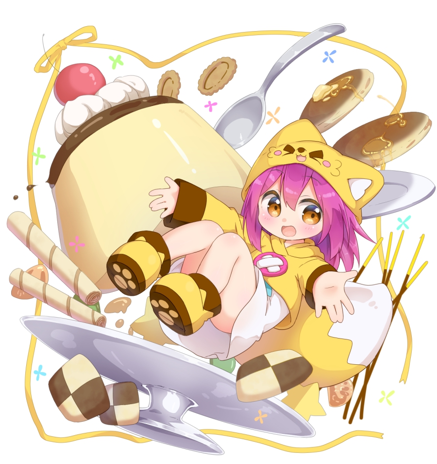 1girl, blush, brown_eyes, cherry, cookie, dress, food, fox_hat