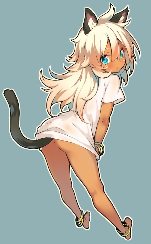 1girl, animal_ears, anklet, ass, bangle, barefoot, bent_over, blonde_hair, blue_background, blue_eyes, bracelet, cat_ears, cat_tail, dark_skin, facial_mark, from_behind, full_body, hair_between_eyes, jewelry, leaning_forward, looking_at_viewer, looking_back, messy_hair, naked_shirt, original, roke, shirt, shirt_tug, simple_background, solo, tail