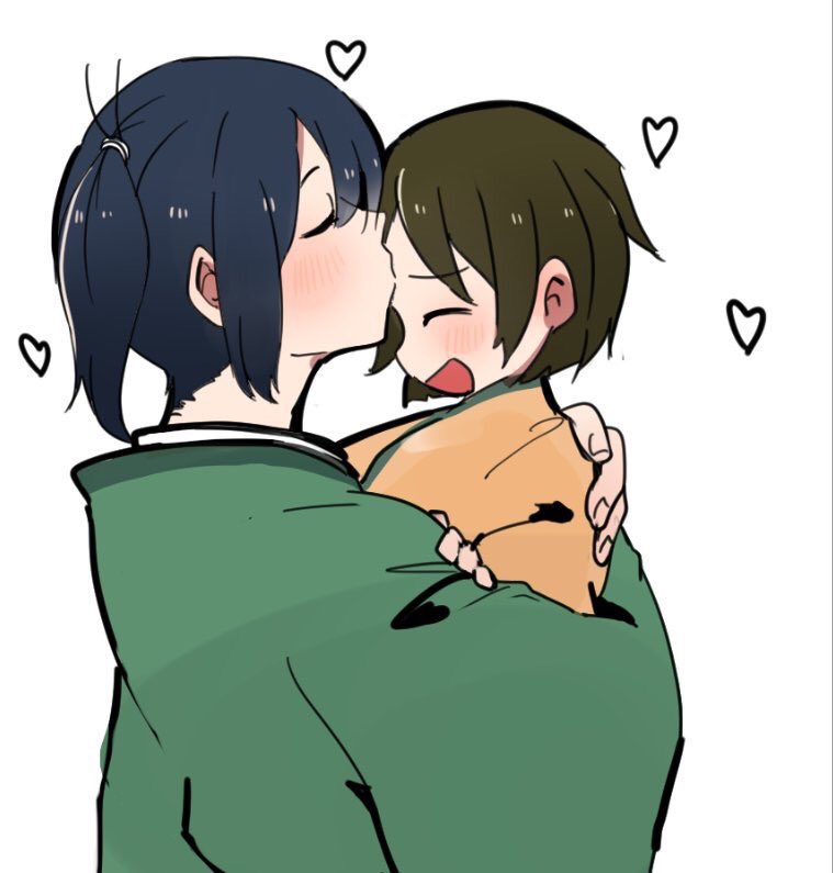 2girls, blue_hair, brown_hair, closed_eyes, forehead_kiss, fujisaki_(si_da), heart, hiryuu_(kantai_collection)